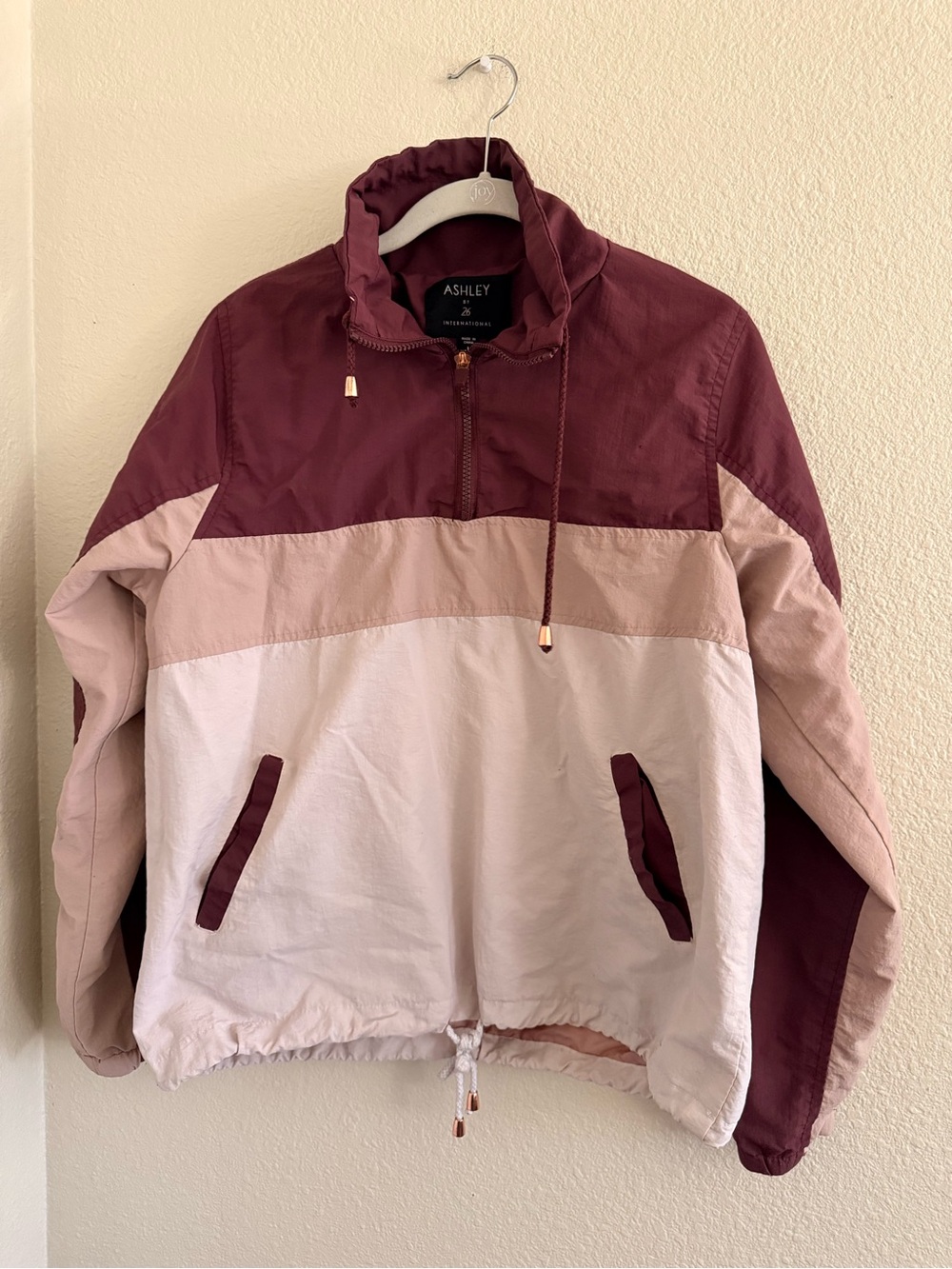Ashley By 26 International Colorblock Windbreaker in Burgundy, Tan, and Cream